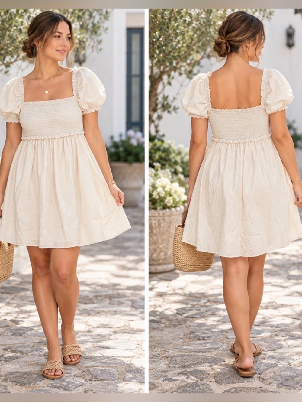 NWT Sunday Best Aritzia Hadley Mini Dress Light Birch smocked puff sleeve Small